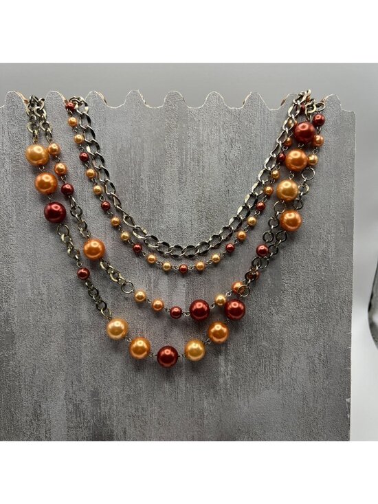 Layered Beaded & Chain Necklaces Featuring Warm Tones Of Amber Cream Bronze And - Picture 5 of 6